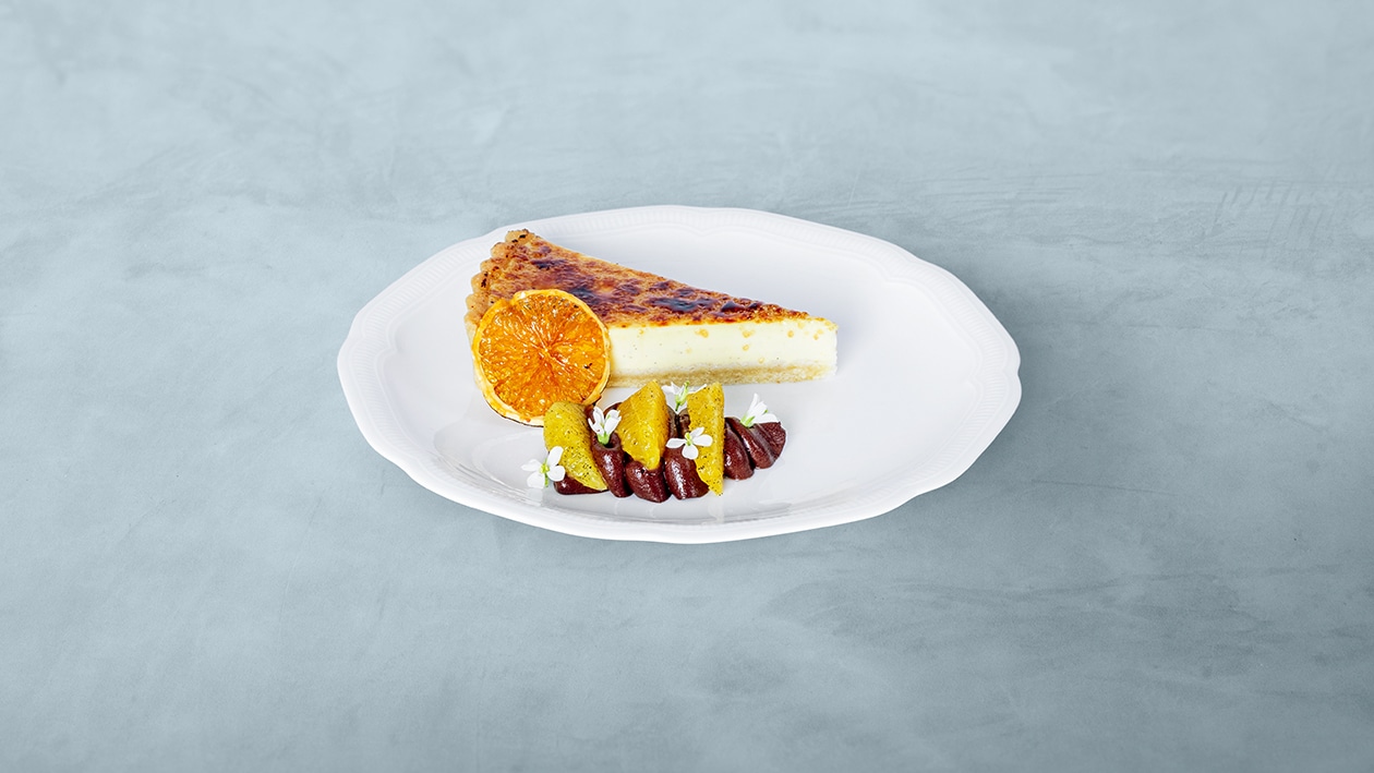 Creme brulé-appelsinkage,chokolademousse og vaniljemarineret appelsin