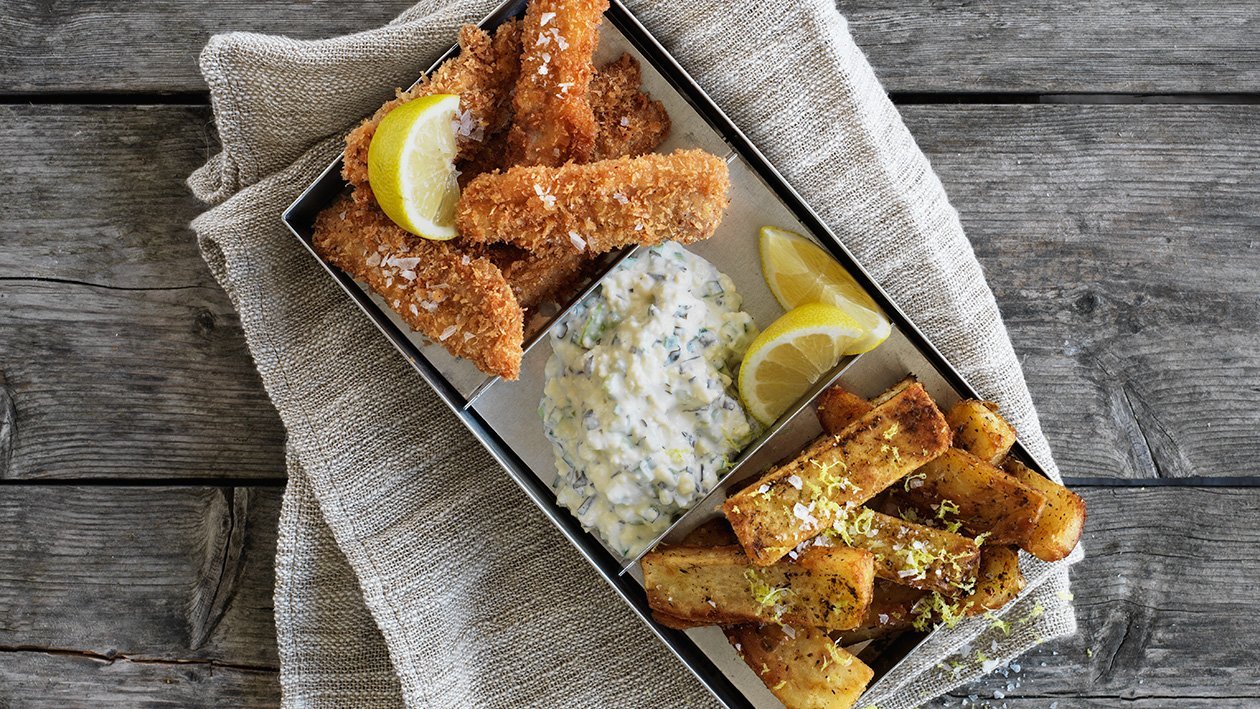 Sprøde deluxe fiskefingre med nordisk tartarsauce og store fritter. – - Opskrift