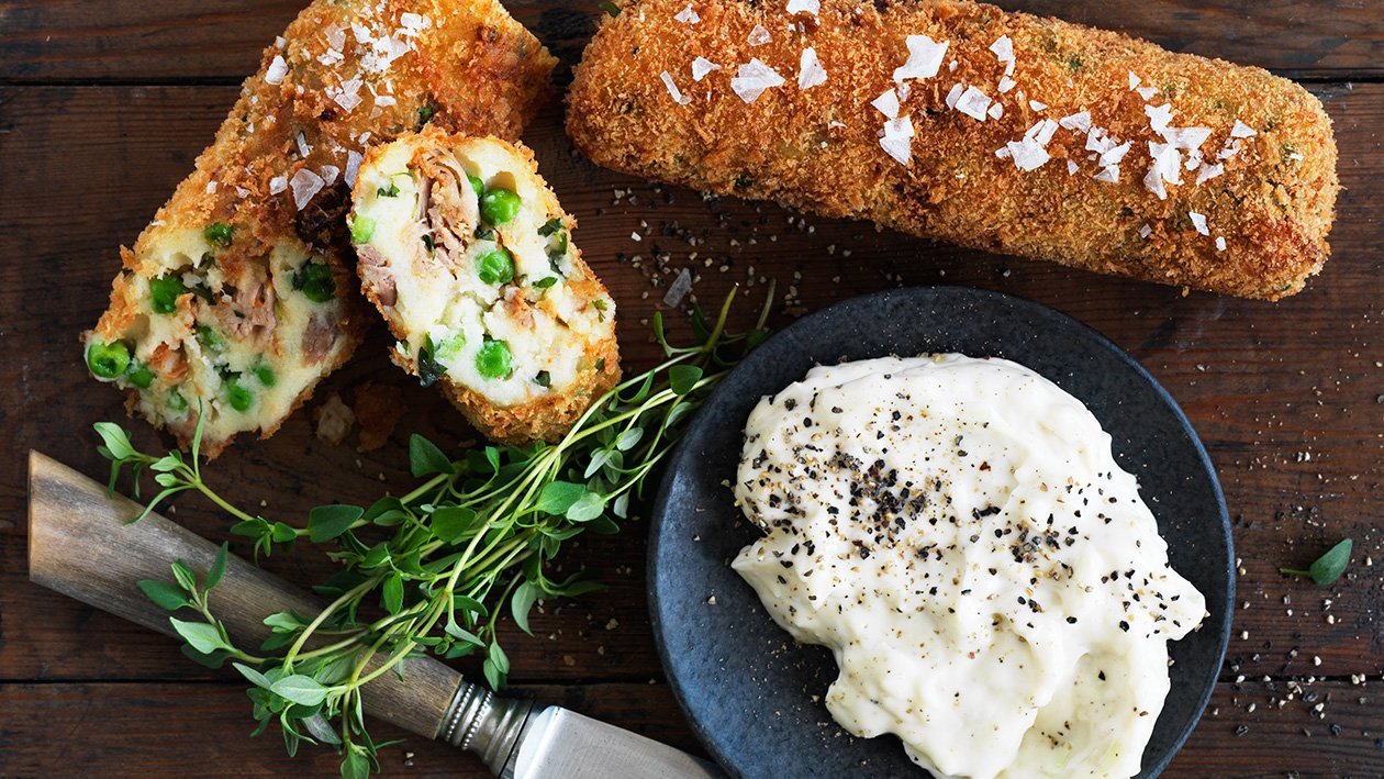 Kartoffelkroketter med sprængt okse og peberrods mayonnaise