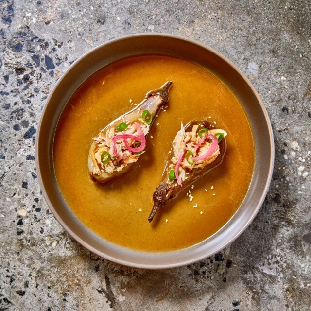 Grillet aubergine med Kylling Miso escabeche